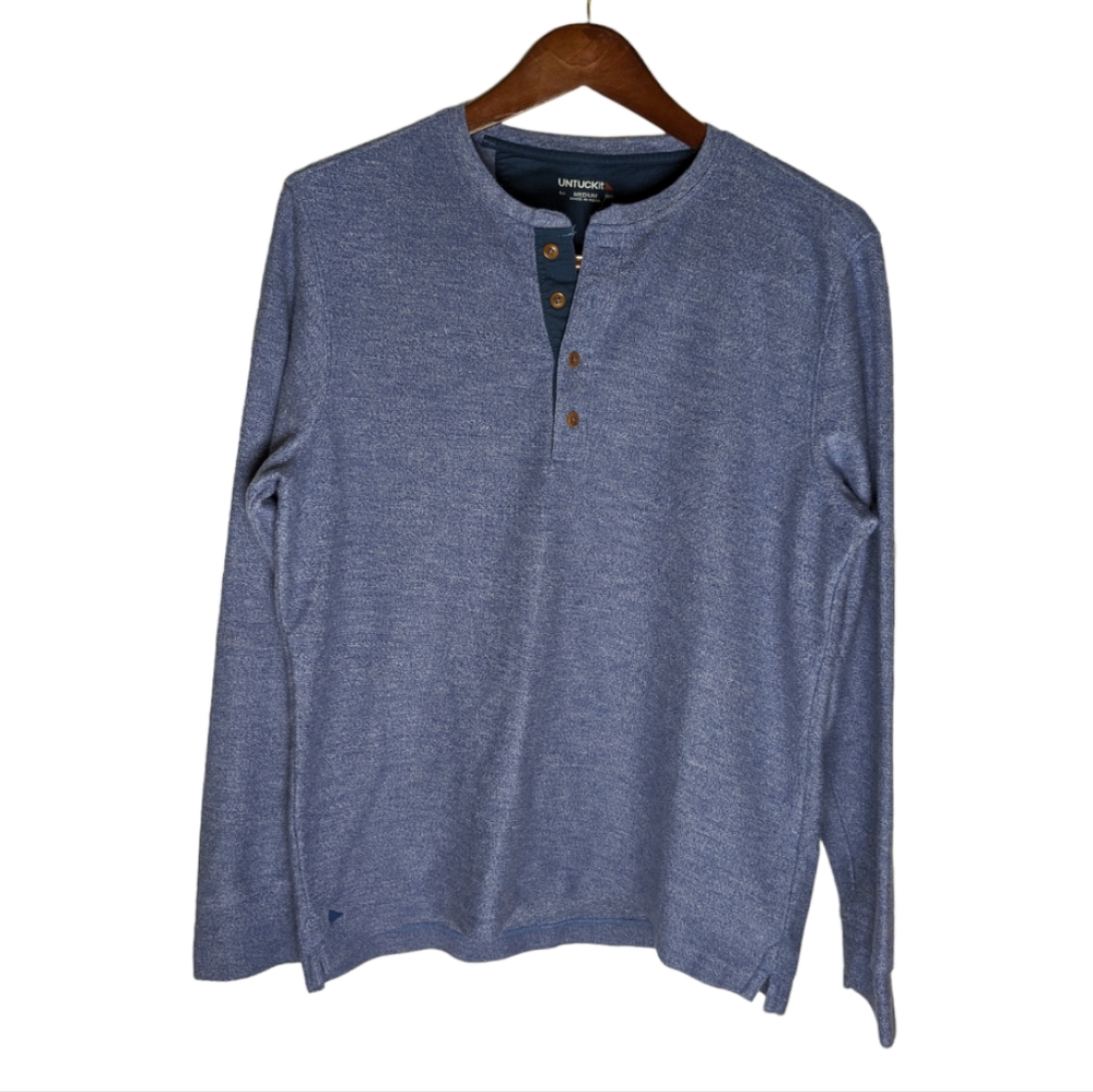 Untuckit Thick Henley Shirt Mens Med Shark Blue Pullover Long Sleeve